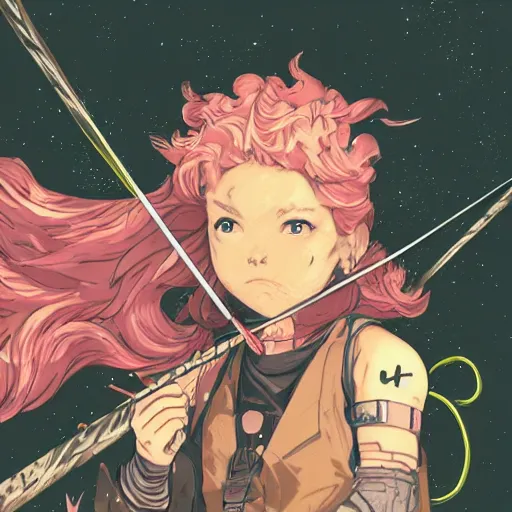 Image similar to close up, posing pointing with an arrow bow and screaming with fury, a grungy cyberpunk anime, very cute, by super ss, curly pink hair, night sky by wlop, james jean, victo ngai, highly detailed