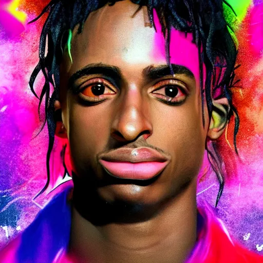 Prompt: playboi carti, photorealistic, detailed face, full body shot, 8 k, hd, neon colors, over saturated colors, wok, cluttered background with hype things, mumble,