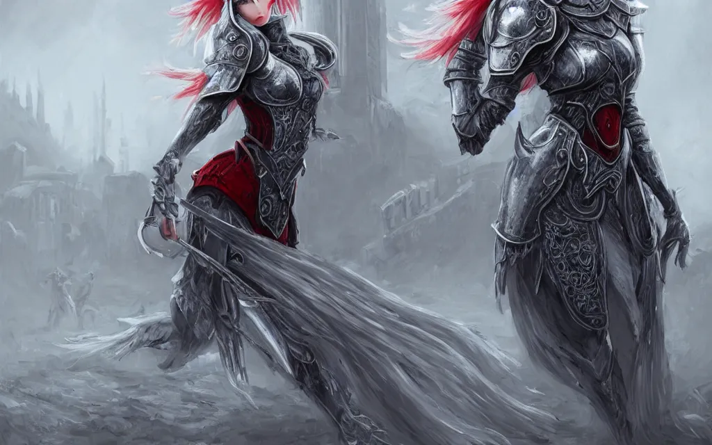 Prompt: portrait grey hair knights of zodiac girl + smoky eyes, matt black / little red color armor in ruined agora of athens background,, ssci - fi and fantasy, intricate and very very beautiful and elegant, highly detailed, digital painting, artstation, concept art, frostbite engine, smooth and sharp focus, illustration, art by tian zi and wlop and alphonse mucha