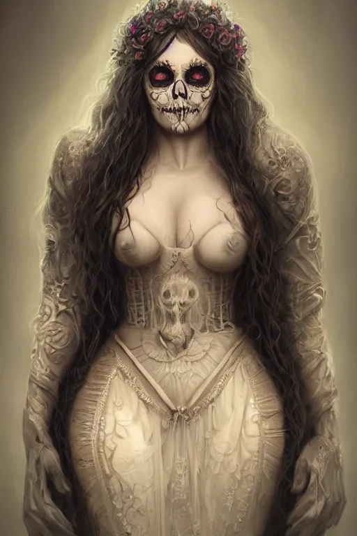 Image similar to ultra realist and ultra intricate detailed character concept art of a beautiful flirt muerte girl in a curvy long dress facing camera, symmetry features, sensual gloomy style, soft painting, volumetric light and fog, fantasy background, artstation, Tom Bagshaw artstyle, unreal render