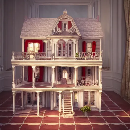 Image similar to photo of a Victorian dollhouse, outside view, extreme details, soft lighting, vivic colors, realistic octane render, 8k