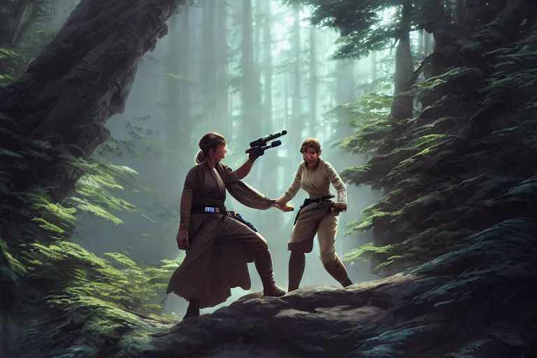 Prompt: star wars luke and leia on endor, jesper ejsing, james jean, justin gerard, tomasz alen kopera, cgsociety, fenghua zhong, makoto shinkai, octane render, highly detailed, rim light, art, cinematic lighting, very coherent, hyper realism, high detail, 8 k