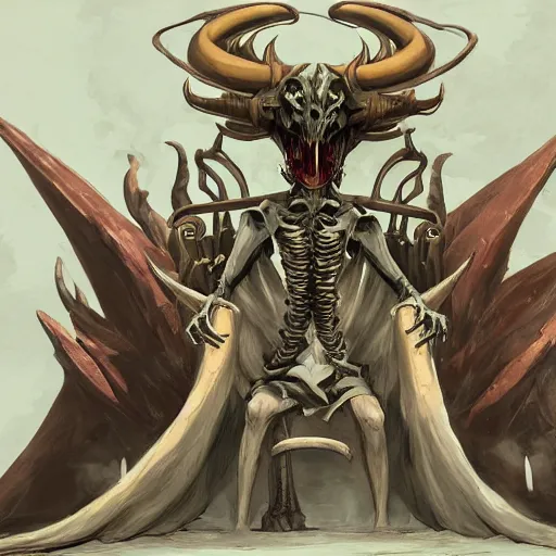 Image similar to concept art painting of a dragonlike anthropomorphic humanoid creature with a long dragon neck and horned skull mask, sitting on a throne, realistic, detailed, cel shaded, in the style of makoto shinkai and greg rutkowski and james gurney