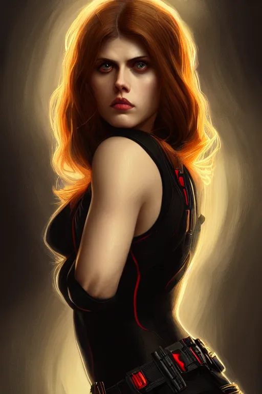 Image similar to alexandra daddario as black widow, realistic portrait, symmetrical, highly detailed, digital painting, artstation, concept art, smooth, sharp focus, illustration, cinematic lighting, art by artgerm and greg rutkowski and alphonse mucha