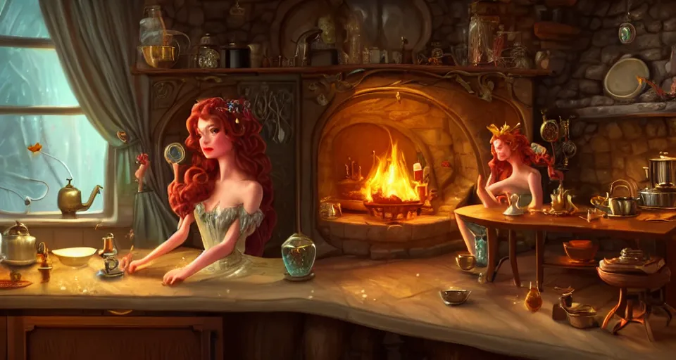 Image similar to a close - up of a fairy in a vintage magical kitchen, with a fireplace in the background d & d, fantasy, intricate, elegant, digital painting, artstation, concept art, smooth, sharp focus, sticker illustration