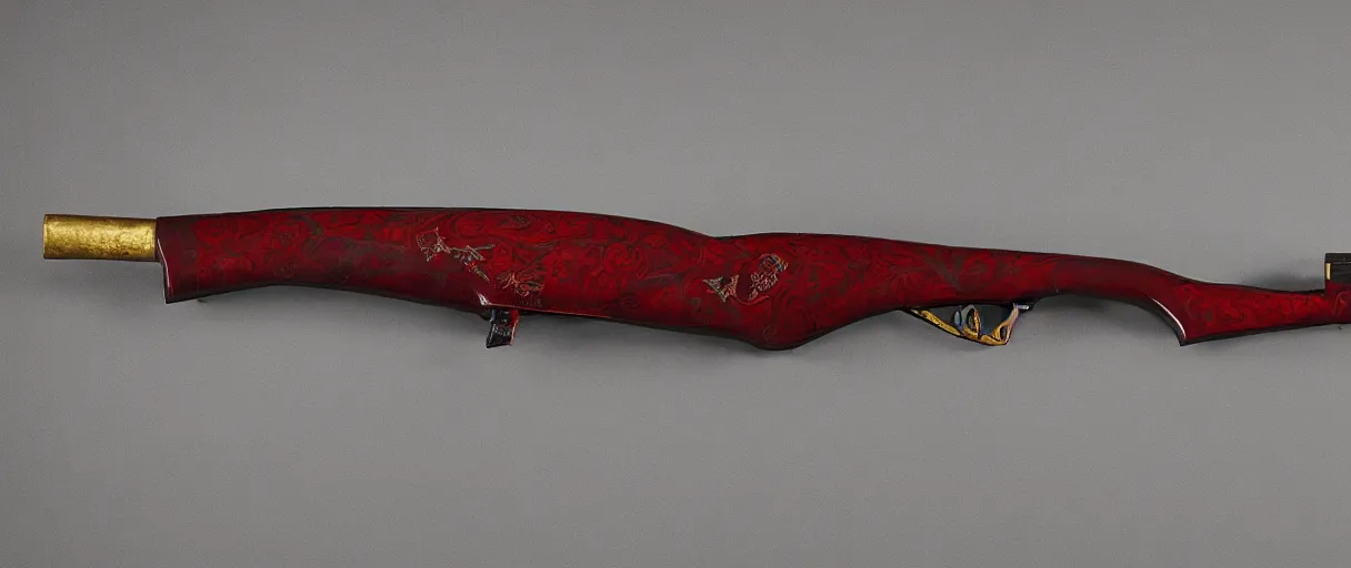 Image similar to a shotgun made from glossy red - painted wood and elements of gold metalwork