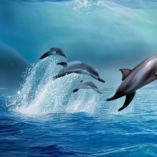 Prompt: Oprah Winfrey in the ocean swimming with dolphins, 8k UHD, hyper realistic, nature photography