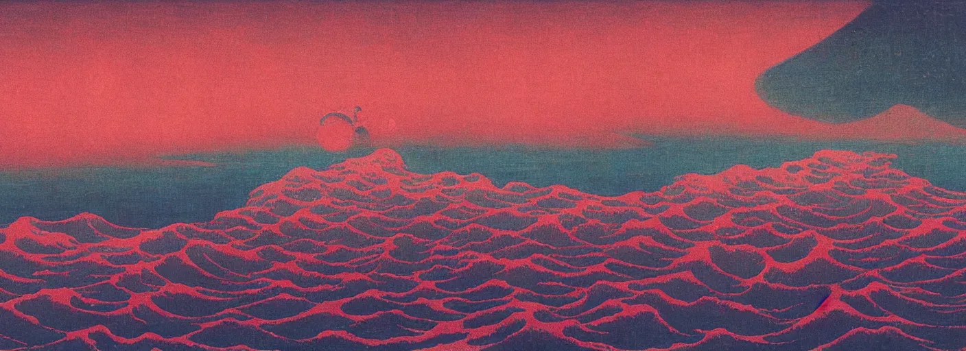 Image similar to sunset over a glowing alien ocean on another planet, katsushika hokusai, beksinski, high details, colorful, atmospheric light