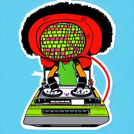 Image similar to svg sticker of a Dancing-Ben-Harper-Snoop-Spike-Lee-with-a-large-Afro-Puff, at a rave, spinning records, giant headphones rocking out, wearing headphones, huge speakers, dancing, rave, DJ, spinning records, digital art, amazing composition, rule-of-thirds, award-winning, trending on artstation, featured on deviantart