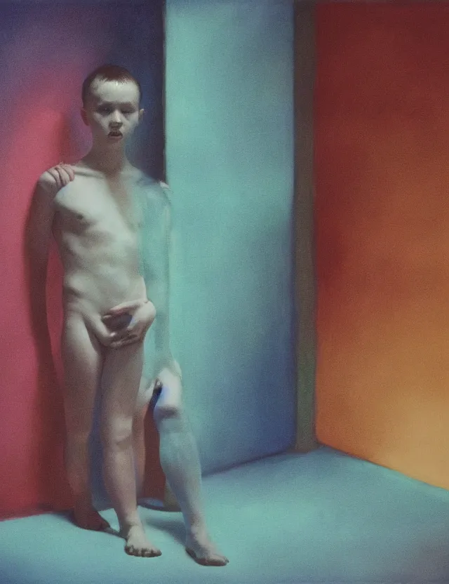 Image similar to boy in dark room praying, blue rays from tv, redshift, colour shift, wide shot, coloured polaroid photograph, pastel, kodak film, hyper real, stunning moody cinematography, by maripol, fallen angels by wong kar - wai, style of suspiria and neon demon, david hockney, detailed, oil on canvas