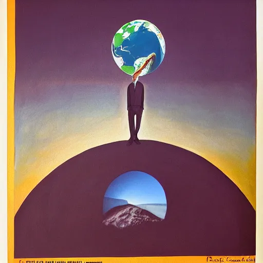 Prompt: the earth in front of a man's face, surrealism, rene magriite, painting