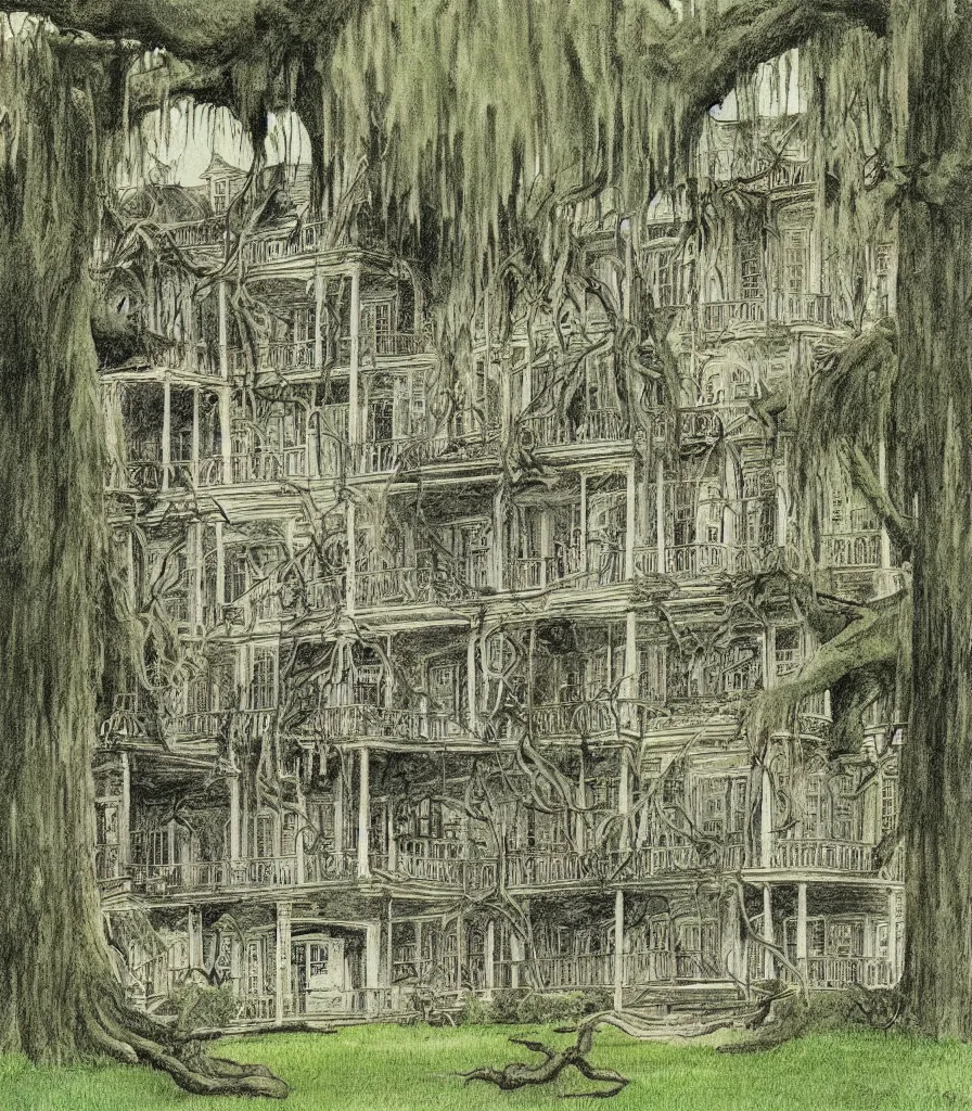 Prompt: southern plantation mansion hanging moss abandoned decay illustration by maurice sendak