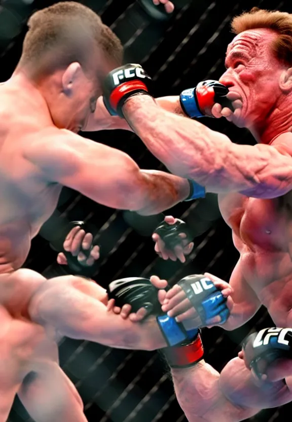 Image similar to streaming still of arnold schwarzenegger fighting in the ufc, punching the opponent