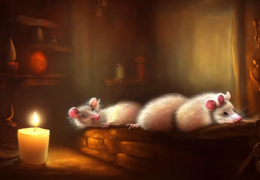 Image similar to cute possum sleeping on a bed in a medieval cluttered cottage at night under the dim light of a candle, dark fantasy, dreaming illusion, trending on artstation