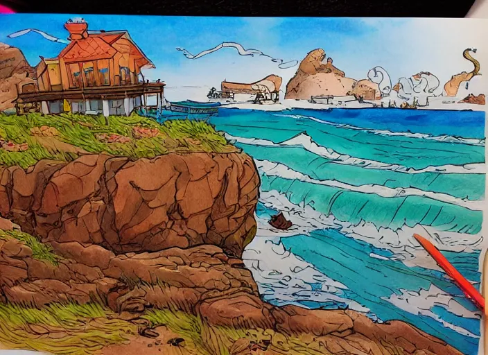 Prompt: illustration of a seaside landscape, (inktober), line art, ((water color)), by Bill Waterson, By Jake Parker, by Brian Kesinger