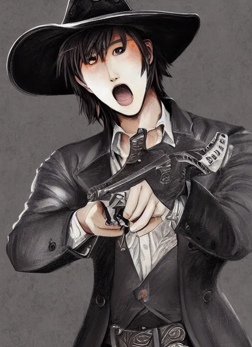 Image similar to a highly detailed illustration of kento yamazaki as a cowboy wearing black cowboy hat, dramatic smiling wielding revolvers pose, perfect face, intricate, elegant, highly detailed, centered, digital painting, artstation, concept art, smooth, sharp focus, league of legends concept art, wlop