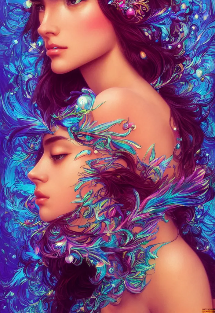 Image similar to beautiful, young woman, detailed gorgeous face, vaporwave aesthetic, synthwave, colorful, psychedelic, water droplets, feathers, crown, artstation, concept art, smooth, extremely sharp detail, finely tuned detail, ultra high definition, 8 k, unreal engine 5, ultra sharp focus, illustration, art by artgerm and greg rutkowski and alphonse mucha