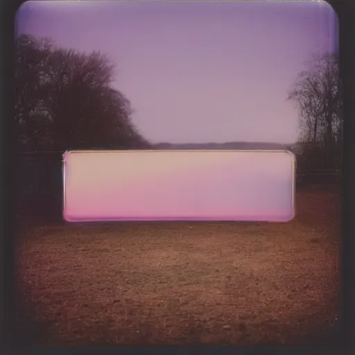 Image similar to a pastel coloured Polaroid photo of a minimalist sunbed made of transparent iridescent perspex stood in a field, beams of light, nostalgic