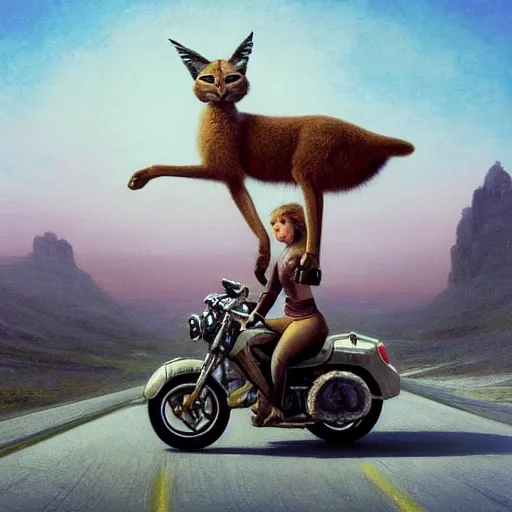 Prompt: a detailed painting of a cute caracal riding a harley davidson motorcycle with a girl. movie scene, cinematic scene, sunset, road. by beksinski and carl spitzweg and tuomas korpi. baroque elements. baroque element. intricate artwork by caravaggio. oil painting. award winning. trending on artstation. 8 k