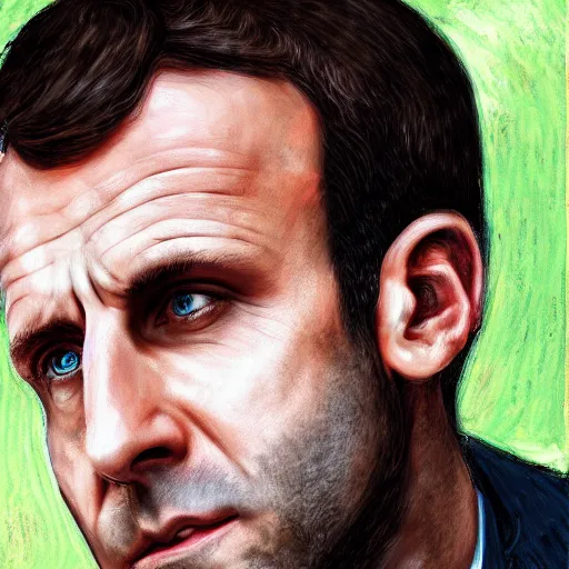 Image similar to digital art portrait of emmanuel macron with robot ears falling in the sun, 4k, sharp focus, Andreas Rocha