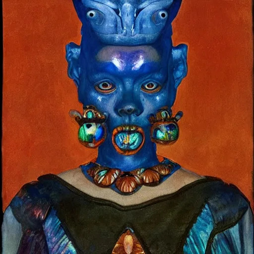 Image similar to the bone crown, by Annie Swynnerton and Nicholas Roerich and Diego Rivera, blue skin, elaborate costume, iridescent beetles, geometric ornament, rich color, dramatic cinematic lighting, smooth, sharp focus, extremely detailed