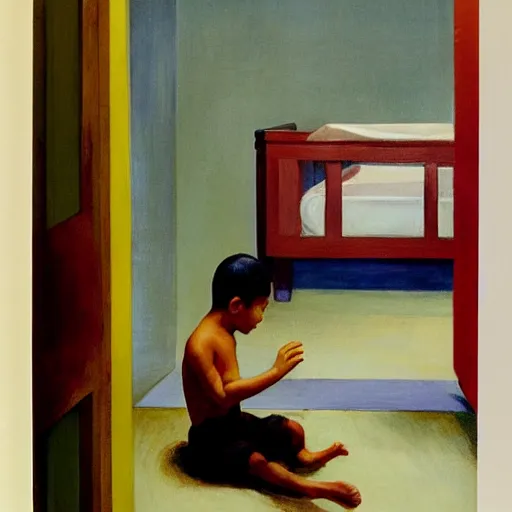 Image similar to a boy playing in a singaporean hdb flat, by edward hopper