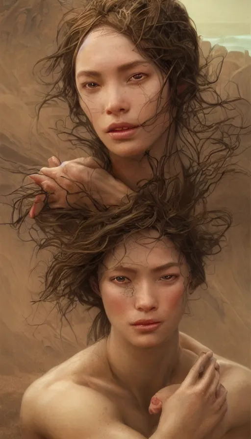 Image similar to epic masterpiece portrait sand legends, sweaty skin, hyperrealistic, octane render, cinematic, beautiful face and flawless skin, perfect hands, 5 fingers, ruby, by Edgar Maxence and Ross Tran and Michael Whelan, Legends of Runeterra