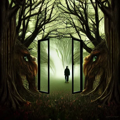 Image similar to the conscious mind entering the dark wood window into the surreal subconscious dream mind, majestic, dreamlike, surrealist, trending on artstation, by gustavo dore