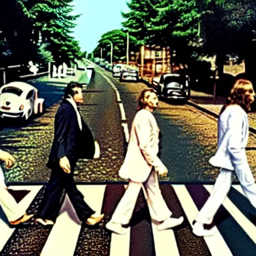 Image similar to abbey road with the three stooges instead of the beatles,