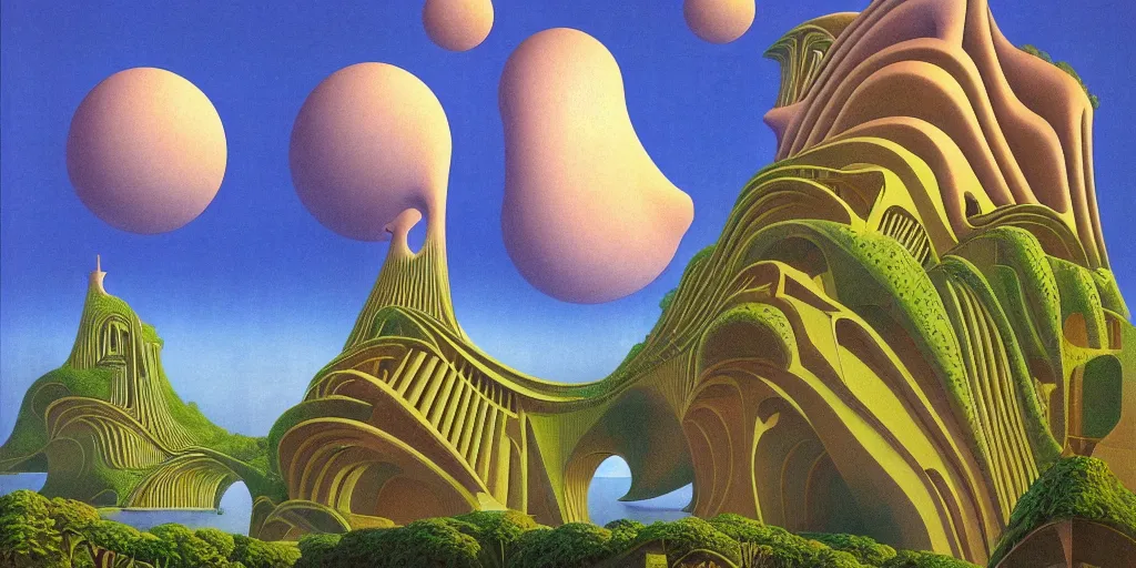 Image similar to huge gargantuan angular building by escher and ricardo bofill. utopian landscape by roger dean. magical realism, surrealism, waterfalls, clouds, trending on artstation, shot from below,