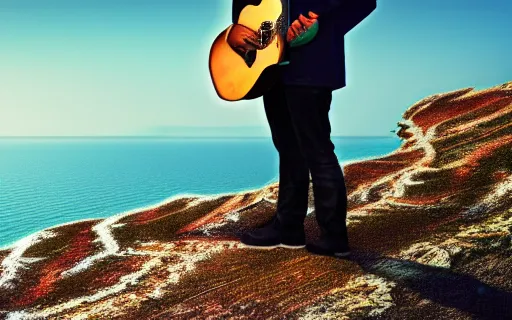 Image similar to A man holding a guitar while standing on the edge of a cliff overlooking the ocean, digital art, wide shot, hi res, 4k