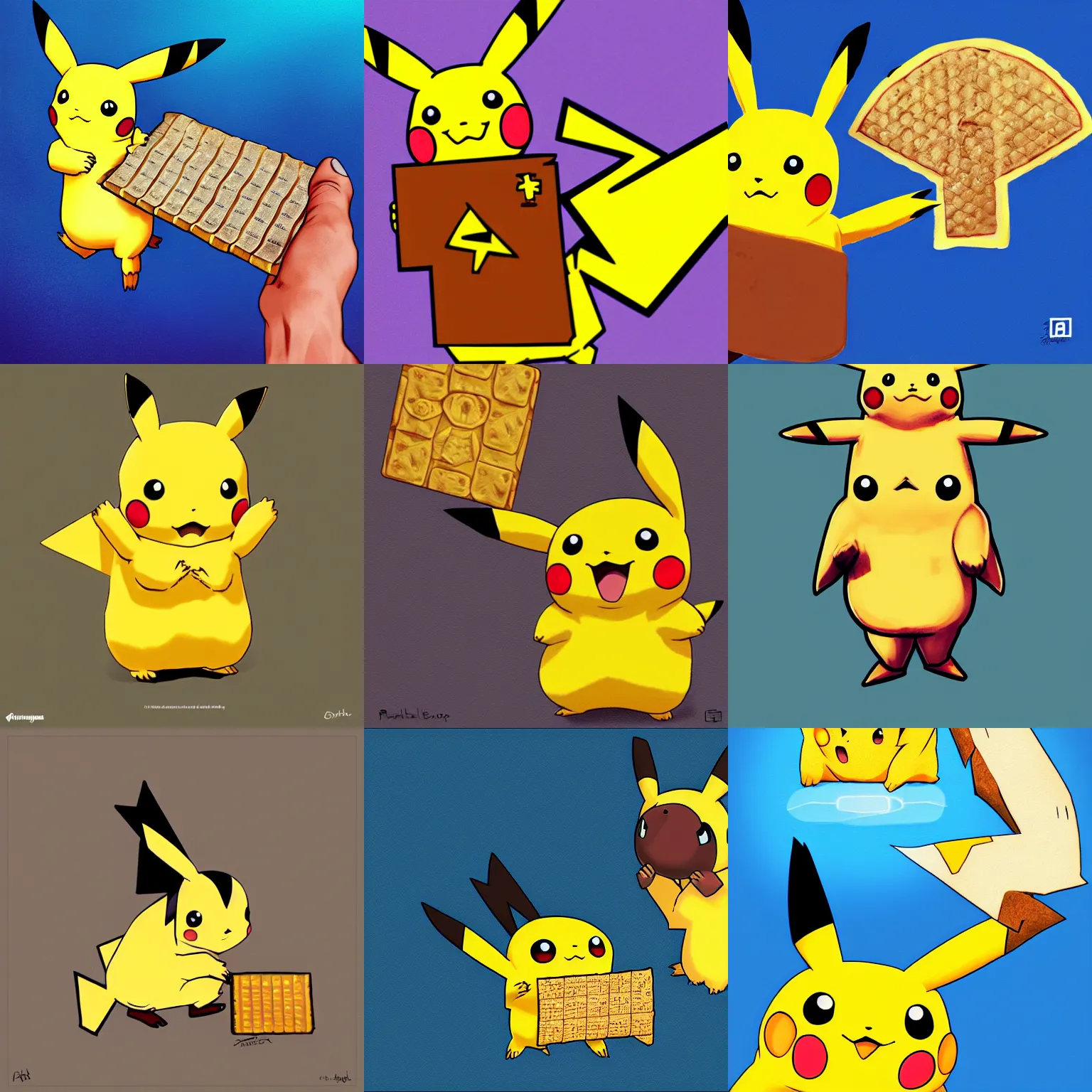 Prompt: pikachu holding a large piece of matzah in his hand, digital painting, trending on artstation