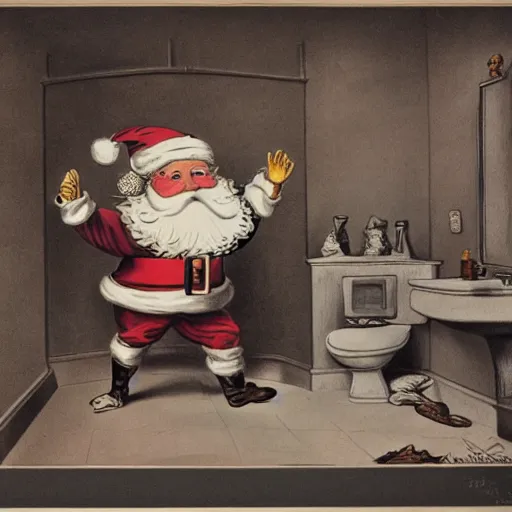 Prompt: currier and ives print showing santa claus on a toilet with his pants around around his ankles, highly detailed, family friendly