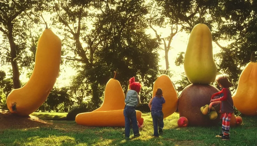 Prompt: 1990s candid photo of a beautiful day at the park, families playing, cinematic lighting, cinematic look, golden hour, large personified fruit creatures in the background, Enormous fruit people, scary fruit, UHD