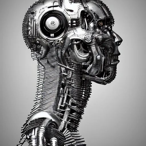 Prompt: sideview portrait, cybernetic cyborg by laurie greasley, cybernetic cyborg by rene magritte, cybernetic cyborg by gustave dore, cinematic dramatic lighting, hyper realistic detailed intricate render, hypermaximalist, ornate, epic composition, 4 k 8 k, octane blender, sharp focus, concept art, masterpiece award winning