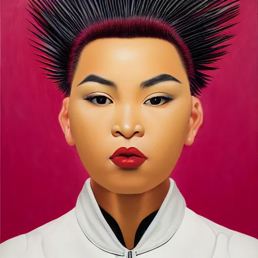 Prompt: front close up portrait of a young asian woman with a mohawk haircut, wearing a leather jacket, maroon lips, blank background, by kehinde wiley, kadir nelson