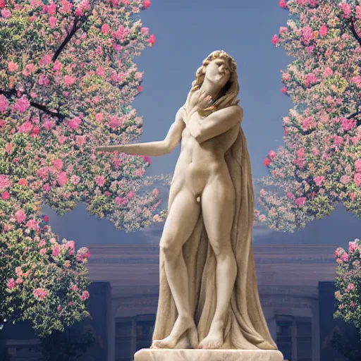 Image similar to a marble statue covered in flowers, full frame, cinematic light , unreal engine,