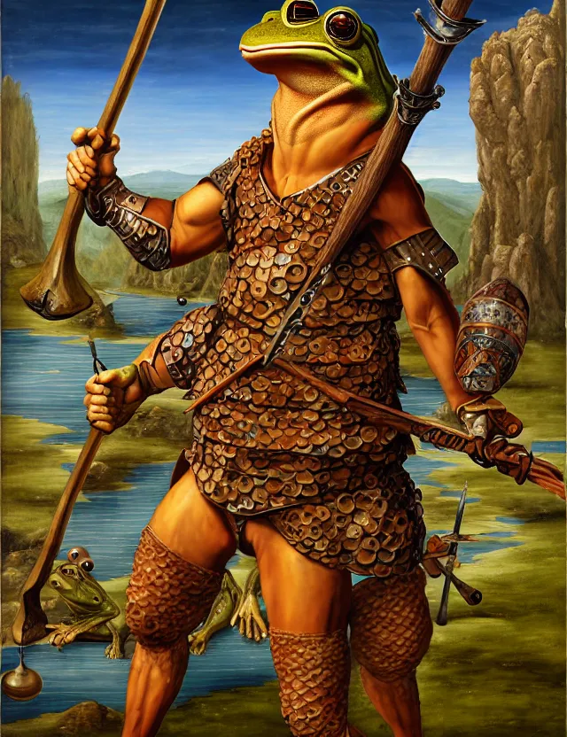 Image similar to anthropomorphic bipedal frog that is dressed as a medieval barbarian, and wielding a club weapon, as a renaissance oil painting and d & d character art, by alex grey, standing, fullbody, floating bubbles, enlightenment, mystic, concept art, award - winning, extremely detailed, sharp focus