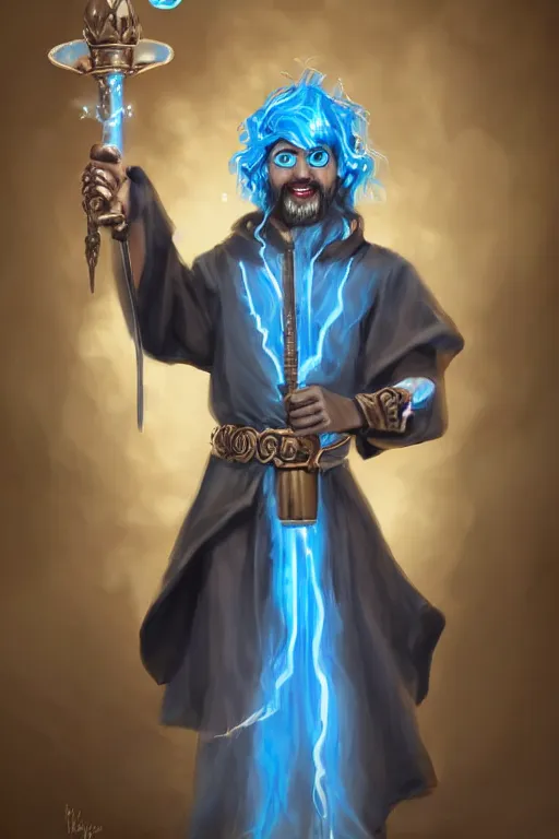 Prompt: Portrait of a Male hydromancer, DND, D&D, navy hair, short straight hair, light blue robes, black skin!, blue eyes, grin, metallic scepter, bubble background, exposed midriff, extremely detailed, by frank franzzeta, mcbess, WLOP, Genzoman and gary gygax, trending on artstation, artstationHD, artstationHQ, deviantart, 16K, HD, matte painting, vibrant colors