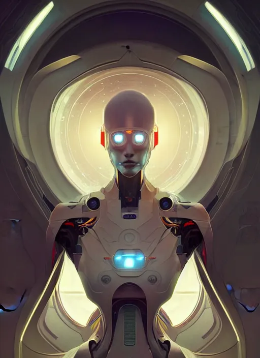 Prompt: symmetry, hi - tech robot in a spaceship intricate, elegant, highly detailed, digital painting, artstation, concept art, smooth, sharp focus, illustration, art by artgerm and greg rutkowski and alphonse mucha