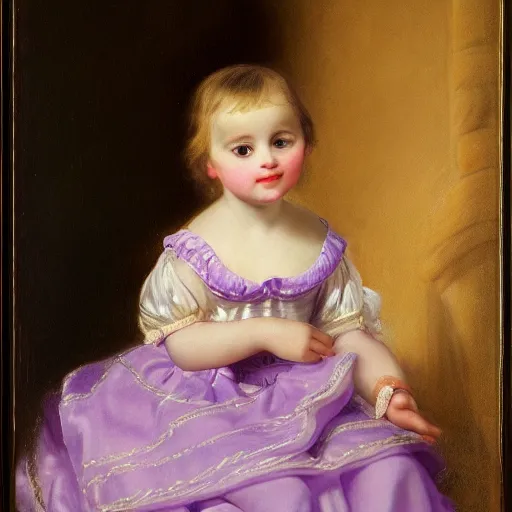 Image similar to portrait of a german toddler princess sitting down in a silk lavender gown, circa 1 8 3 7, by carl joseph begas, highly detailed, beautiful, oil on canvas, 1 8 3 0 s, romanticism