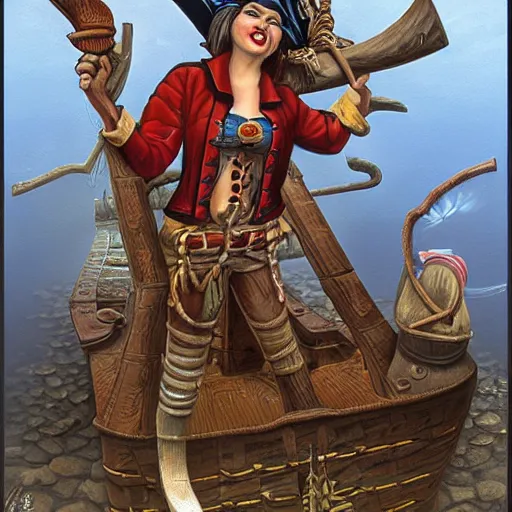 Prompt: full body concept art of a female pirate by Jacek Yerka