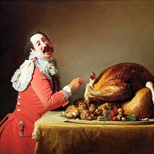 Image similar to british comedian david mitchell eats a turkey for christmas, oil on canvas, by jean honore fragonard