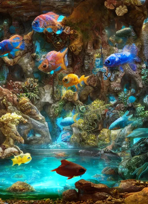 Image similar to people observing lots of beautiful fish in an underground aquarium corridor, in the style of andreas hoher, fantasy art, ray tracing, water droplets, highly detailed, artstation trend, highly detailed and intricate, sharp focus, photography, unreal engine 5