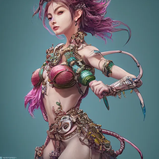 Image similar to studio portrait of colorful female divine mech dancer as absurdly beautiful, elegant, young sensual gravure idol, ultrafine hyperrealistic detailed face illustration by kim jung gi, irakli nadar, intricate linework, sharp focus, bright colors, matte, octopath traveler, final fantasy, unreal engine highly rendered, global illumination, radiant light, intricate environment