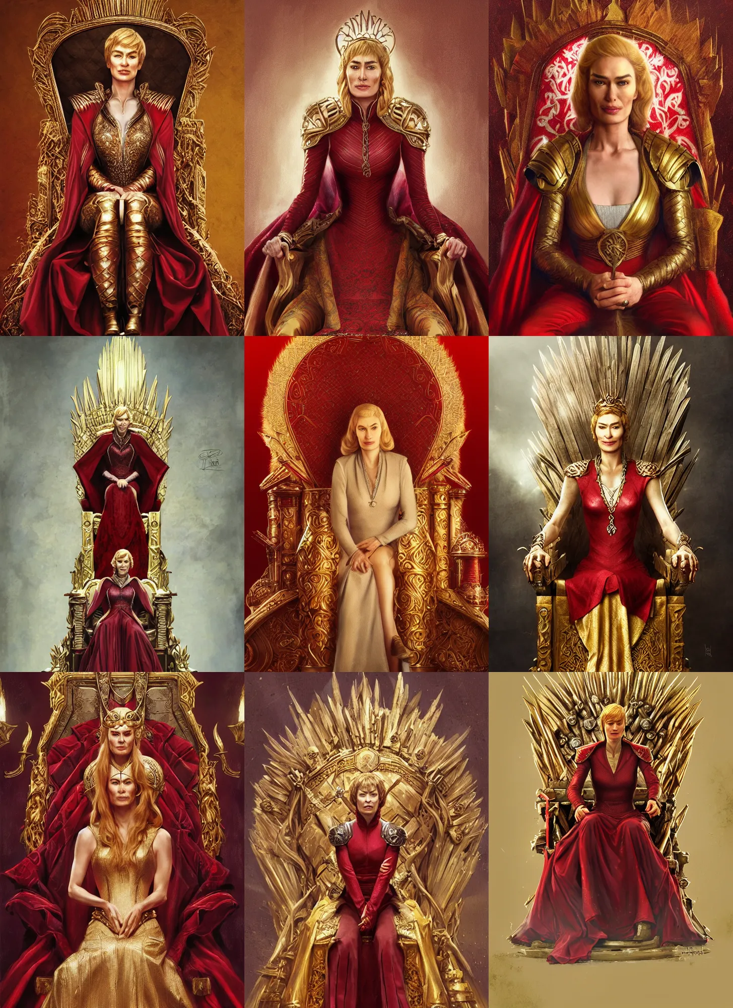 Prompt: portrait cersei lannister sit on throne, long blond hair, red and gold cloth, marvel comics, dark, intricate, highly detailed, artstation, digital illustration, ruan jia, mandy jurgens, rutkowski