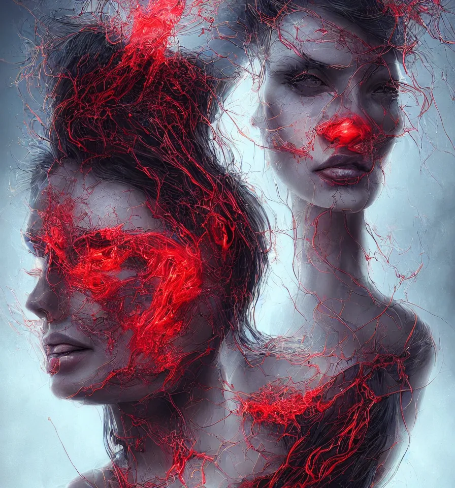 Prompt: a frontal face portrait of a transparent and beautiful elegant entity made of blood and veins + dissolving into darkness + backlit + incredible lighting+ strong rim light + highly detailed + god rays + digital painting + HDRI, by Andon Hristov + Alvaro Castagnet + Dan Mumford + Peter Mohrbacher + vivid colors, high contrast, 8k resolution, intricate, photorealistic, smooth