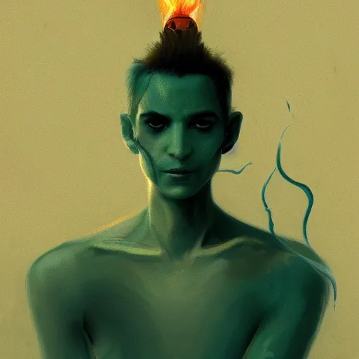 Prompt: Nicotine is the embodied avatar of tobacco smoke in all its forms: the deity of cigarette addiction, regal and somber, character concept by Greg Rutkowski