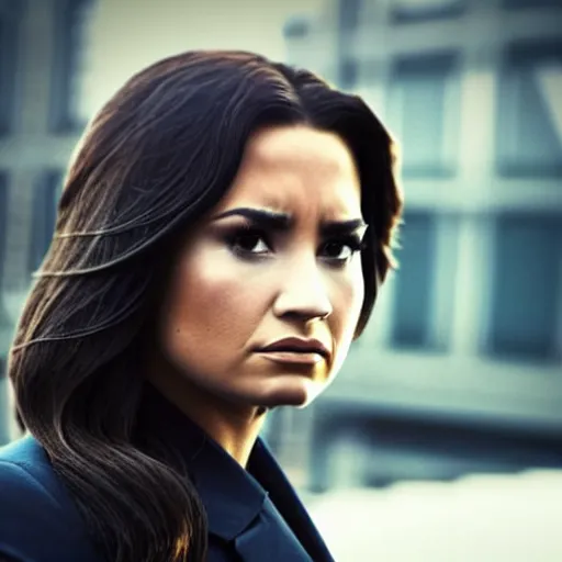 Image similar to close-up of Demi Lovato as a detective in a movie directed by Christopher Nolan, movie still frame, promotional image, imax 70 mm footage