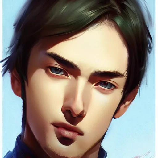 Image similar to A potrait of a man with big and cute eyes, fine-face, realistic shaded perfect face, fine details. Night setting. Very anime style. Realistic shaded lighting poster by Ilya Kuvshinov katsuhiro, magali villeneuve, artgerm, Jeremy Lipkin and Michael Garmash, Rob Rey and Kentarõ Miura style, trending on art station